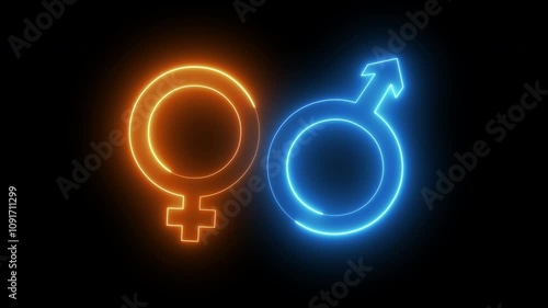 Gender concept. Glowing neon line animated male and female sex sign isolated on transparent background.