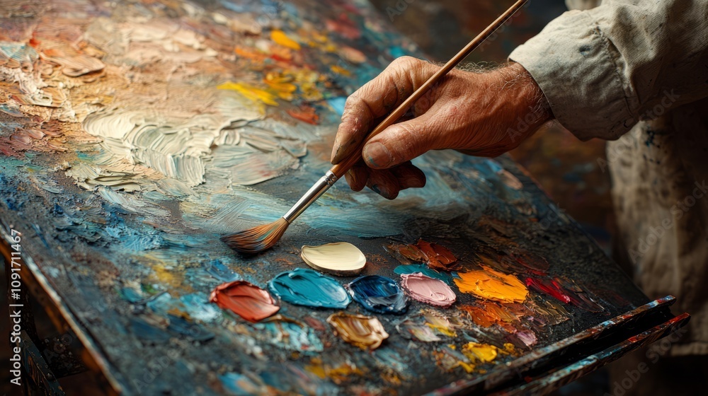 Obraz premium A skilled artist pours vibrant hues on the palette while carefully blending colors, immersed in the creative process in a cozy studio filled with inspiration