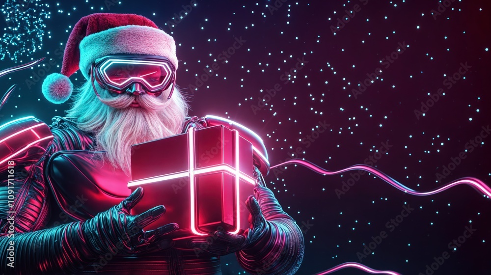 Neon cyber Santa Claus holding glowing gift box with futuristic design and festive atmosphere
