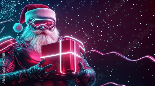 Obraz na płótnie Neon cyber Santa Claus holding glowing gift box with futuristic design and festive atmosphere
w salonie