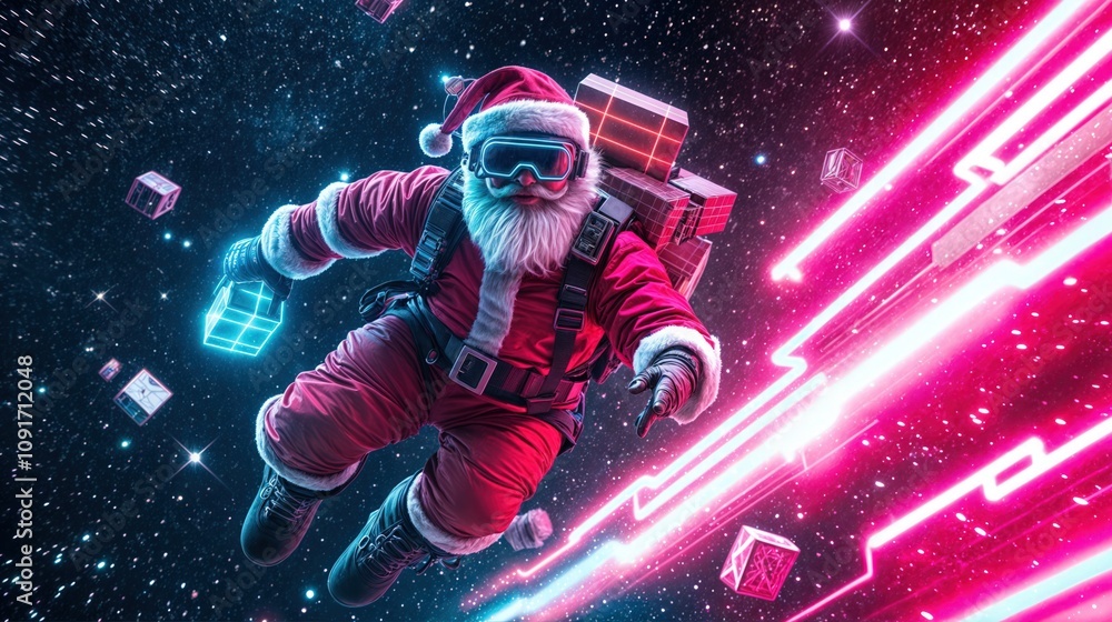 Cyber Santa Claus delivering glowing neon presents in outer space with futuristic holiday theme