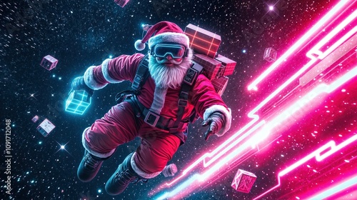 Obraz na płótnie Cyber Santa Claus delivering glowing neon presents in outer space with futuristic holiday theme
w salonie