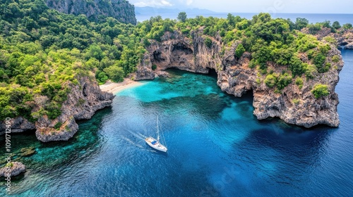 Aerial view of sailboats navigating turquoise waters near cliffs at Brandons Cove during a sunny day photo