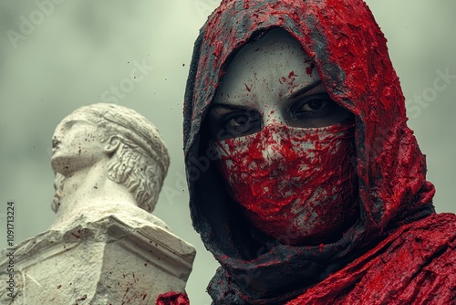 Red paint splatter A white ancient Greek statue being drenched in red paint by an activist in balaclava promoting ecological preservation. photo