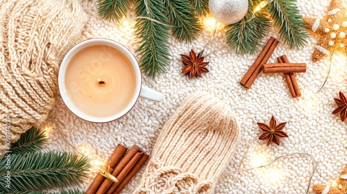 Knitted gloves, hot tea, cinnamon sticks, and festive decor with fairy lights, winter flat lay composition