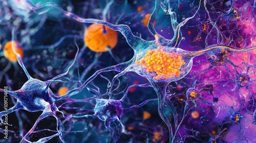 Microscopic View of Interconnected Neurons with Synaptic Vesicles photo