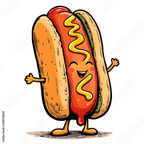 Hot Dog with Mustard Food Illustration, Smiling Hot Dog with Mustard Food cartoon Illustration with hot dog with hand leg face