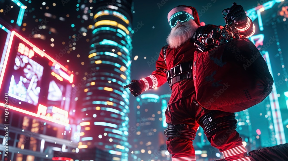 Futuristic Santa Claus with glowing goggles and gift sack in a neon-lit cyberpunk cityscape