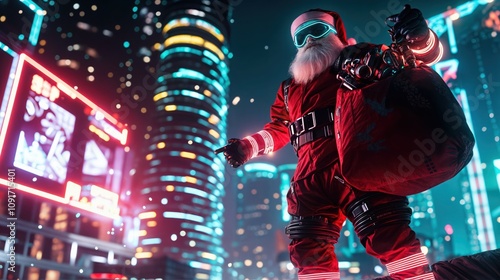 Obraz na płótnie Futuristic Santa Claus with glowing goggles and gift sack in a neon-lit cyberpunk cityscape
w salonie