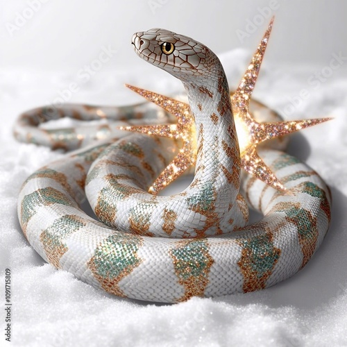 On shiny snow hite snake with glitter and sparkle on scales, on shiny snow, against the background of New Year's lights, against a light background, symbol of 2025 year of the Snake, postcard photo