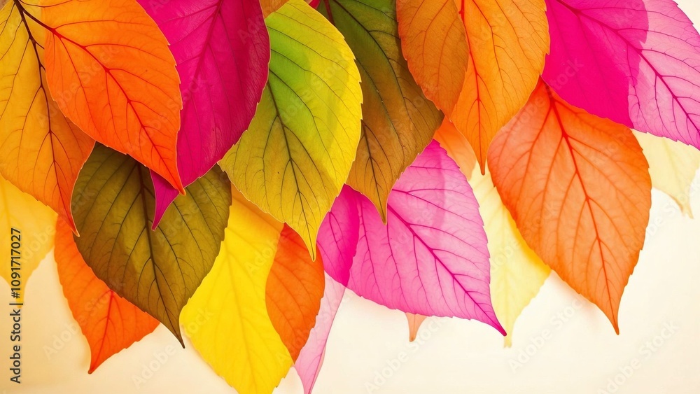 Fototapeta premium bright, colorful and abstract background with different leaves overlapping each other on a light background, shades of yellow, pink, purple, green, the patterns of the veins of the leaves are clearly 
