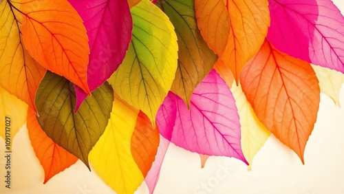 bright, colorful and abstract background with different leaves overlapping each other on a light background, shades of yellow, pink, purple, green, the patterns of the veins of the leaves are clearly