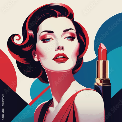 retro lady with lipstik beauty cosmetics cartoon vector illustration