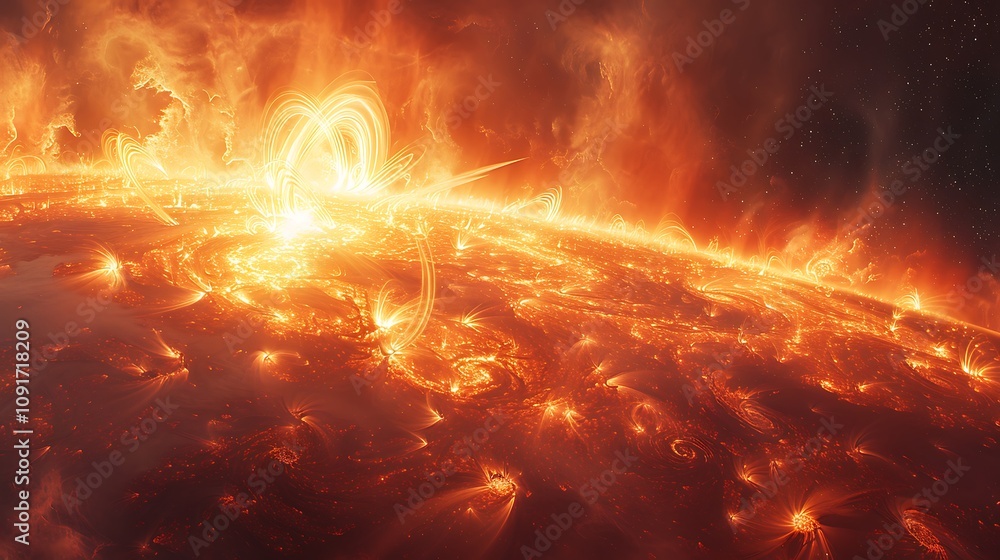 Glowing solar prominences stretch outward into space their fiery forms creating aweinspiring cosmic sight Glowing solar prominences stretch outward into space their fiery forms creating aweinspiring cosmic sight