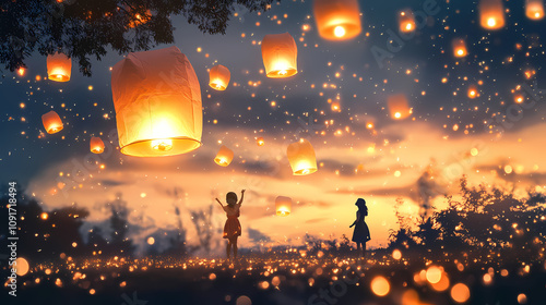 Families release paper lanterns at night during loy krathong and yi peng festival. Illuminated Paper Lanterns. Illustration