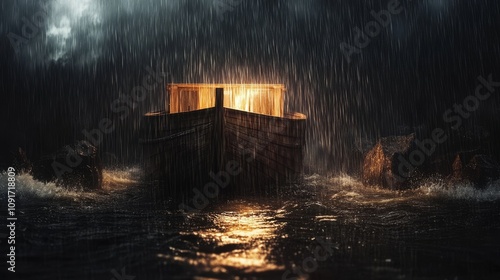 Noah s ark surrounded by heavy rain during the great flood, symbolizing hope and survival photo