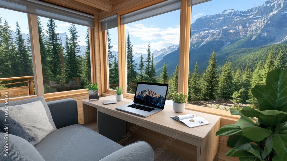 Fototapeta premium Cozy home office with stunning mountain and forest views through large windows, AI