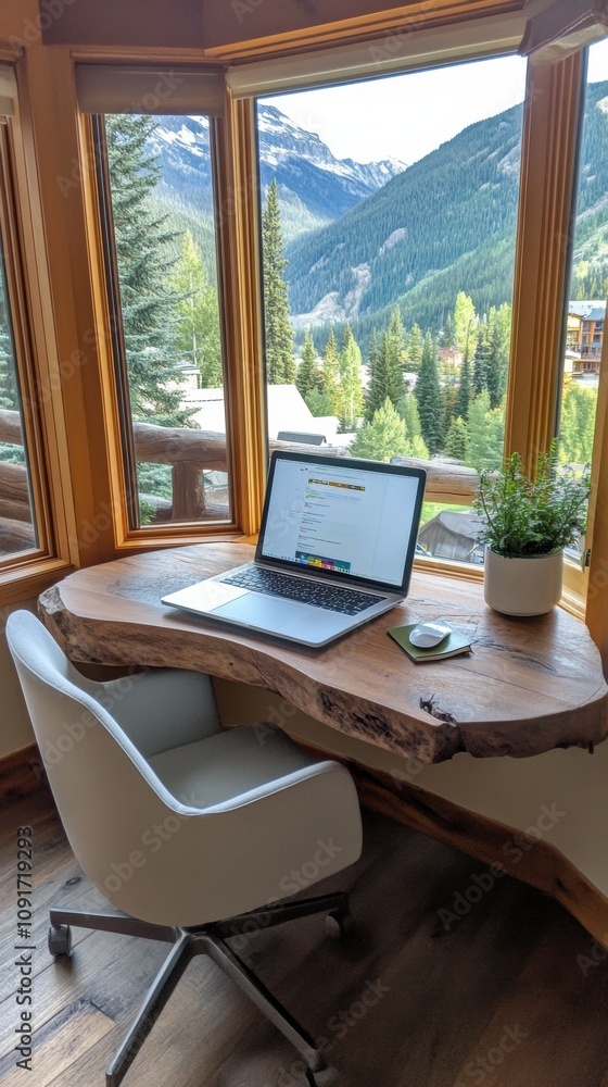 Fototapeta premium Cozy workspace with a mountain view and rustic wooden desk, AI