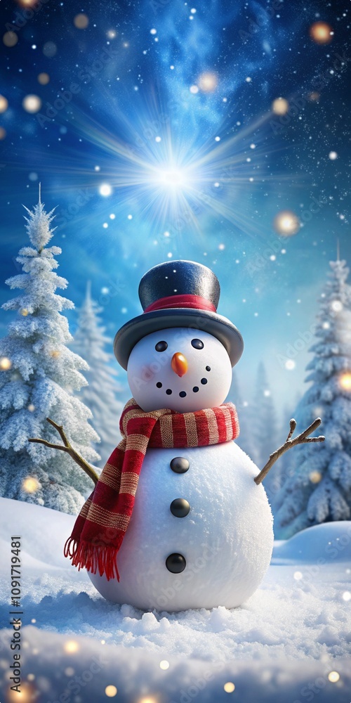 Fototapeta premium a magical and enchanting winter atmosphere. The snowman with a hat and scarf, surrounded by snow and snowy trees, creates a festive and joyful scene