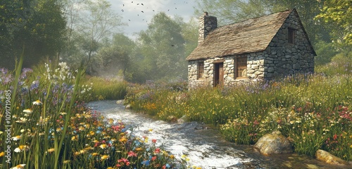 A quaint stone cottage by a bubbling creek, surrounded by wildflowers and tall grasses, with the sound of water in the air. photo