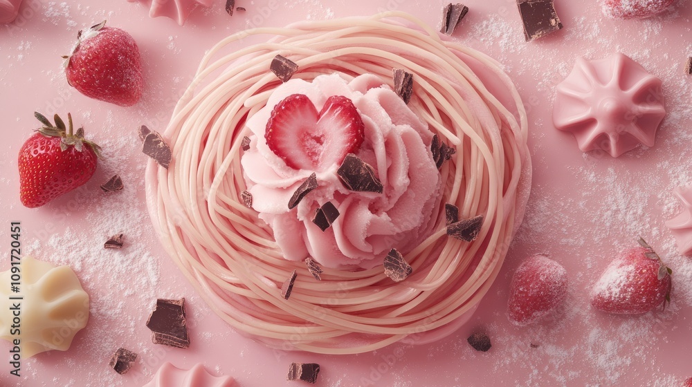 Fototapeta premium Sweet Pink Dessert with Strawberries and Chocolate Garnish