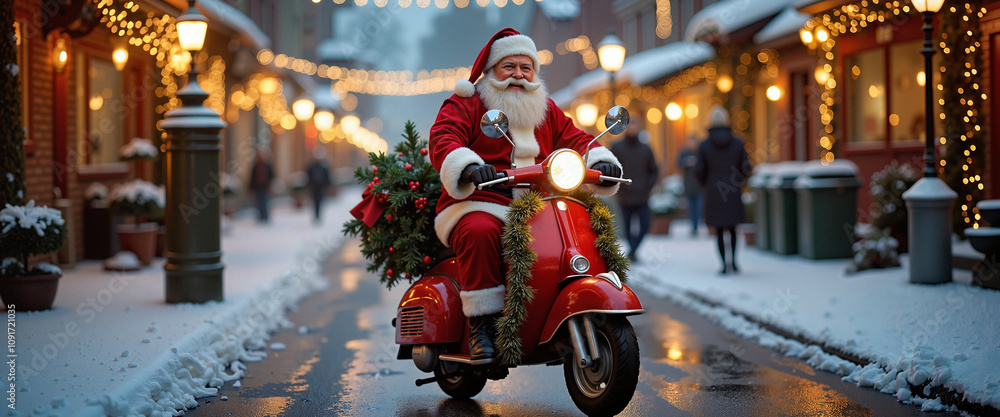 Fototapeta premium Santa Claus riding a red scooter adorned with Christmas decorations through a festive snowy street