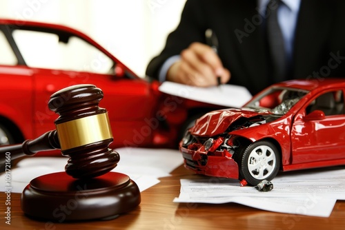 Judge's gavel, car models, and a man with documents, depicting legal proceedings related to vehicle accidents. photo