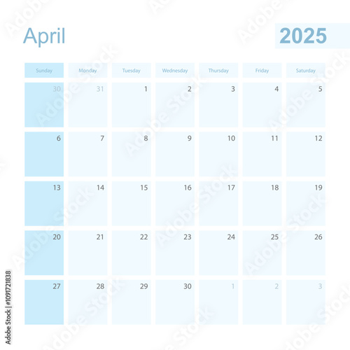 2025 April wall planner in blue color, week starts on Sunday.