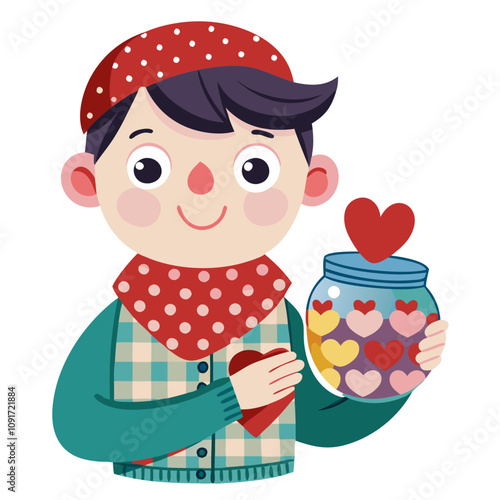 Boy with Jar of Hearts: A charming illustration of a boy holding a jar filled with colorful hearts, symbolizing kindness, generosity, and love.  Perfect for Valentine's Day, children's books.