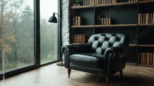 A luxurious black leather armchair sits comfortably in a modern library setting, surrounded by floor-to-ceiling windows and rows of books, creating a cozy ambiance. photo