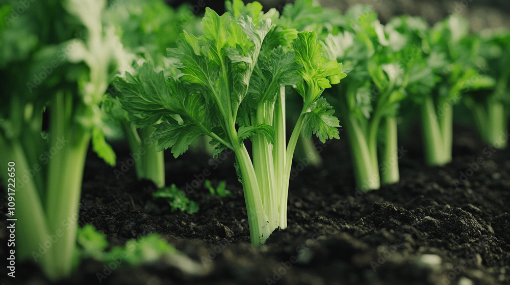 Fototapeta premium Fresh Celery Stalks Growing in Rich Soil Organic Farm Healthy Food Agriculture