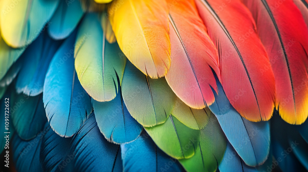 Fototapeta premium Vibrant bright multicolored beautiful parrot bird feathers close-up.