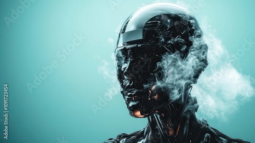 A futuristic robotic figure exhibits a smoky, enigmatic essence with its metallic texture and intricate design, representing cutting-edge technology and human innovation. photo