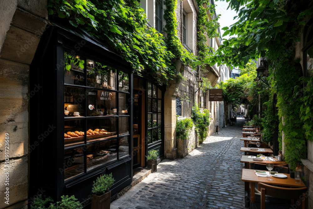 Fototapeta premium Charming European Alley with Cozy Cafe 