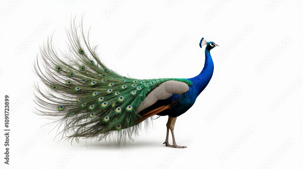 Fototapeta premium Colorful peacock displaying its vibrant feathers in a natural environment