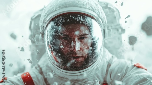 An astronaut in a space suit floats amidst cosmic debris in outer space, creating a sense of exploration, adventure, and isolation in the vast universe beautifully. photo