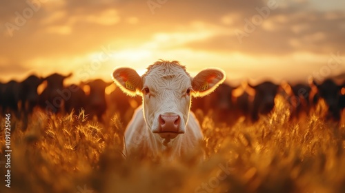 A solitary cow stands magnificently in a field of golden wheat, basking in the warm sunset, embodying the simplicity and beauty of rural farm life in harmony.