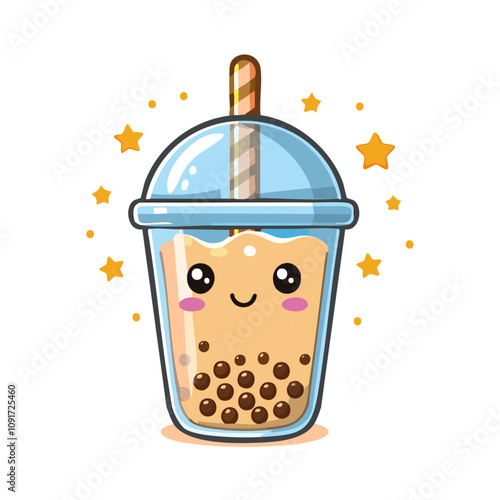 boba kawaii style icon illustration, happy cute drink with straw and stars