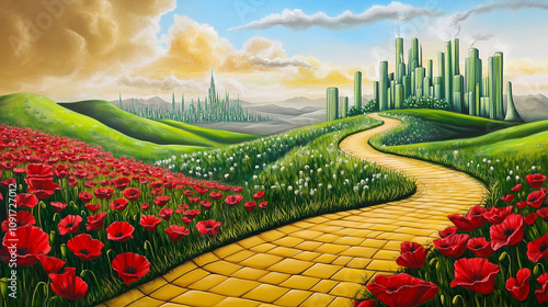Yellow brick road leading through poppy field to green emerald city in the distance. Wizard of Oz concept.