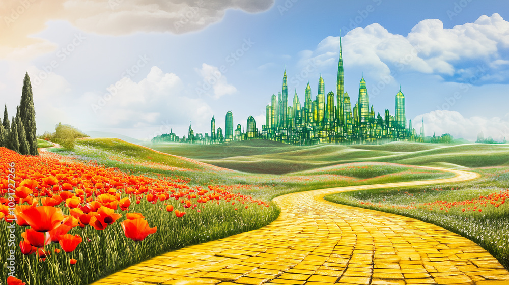 Φωτογραφία Yellow brick road leading through poppy field to green emerald city in the distance