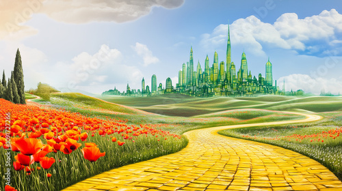 Yellow brick road leading through poppy field to green emerald city in the distance. Wizard of Oz concept. photo