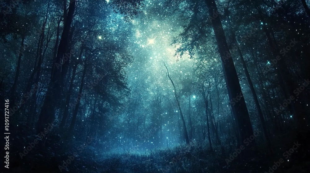 Naklejka premium The rustle of the forest and the dance of the stars in a quiet night.