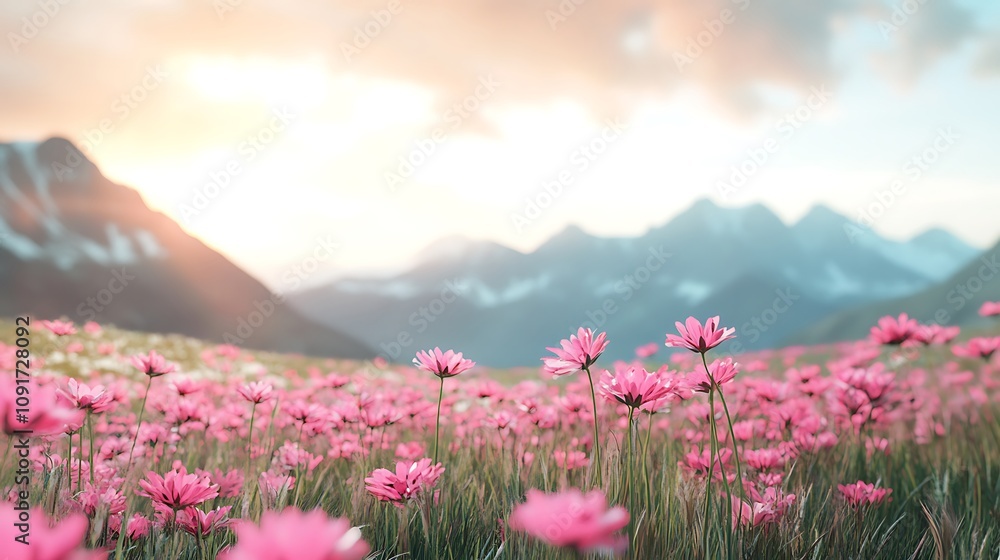 Fototapeta premium Expansive pink flowers with majestic mountain range backdrop picture