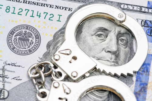 Financial crime, fraud, corruption and legal enforcement : Pair of handcuffs placed on a US dollar 100 bill, visually represents the consequences of illegal financial activities e.g money laundering.