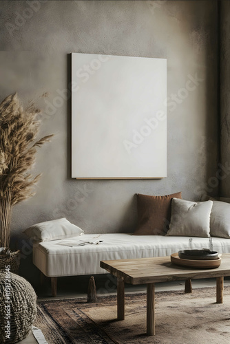 a cozy skandinavian style livingroom with a small blank standing canvas on the wall and a low table Some decoration We see the full room Shot with Nikon Z8 14 mm lens.jp photo