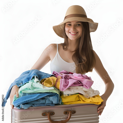 beautiful young woman unpacking summer clothes from suitcase at home, closeup with white shades, space for captions, png photo