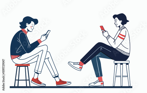 illustration of two  person sitting on a stool and holds a smartphone