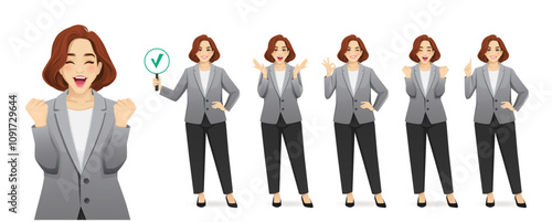 Elegant beautiful mature full-figured business woman in suit with positive emotions. Isolated vector illustration set