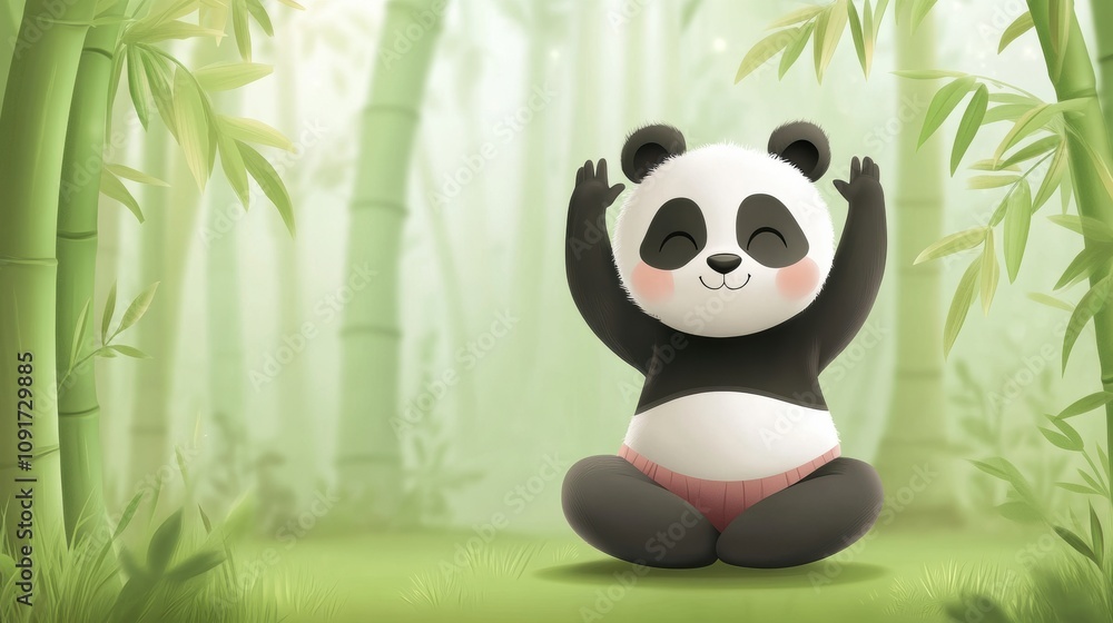 Obraz premium Cute panda meditating in a serene bamboo forest, exuding calm and tranquility, AI