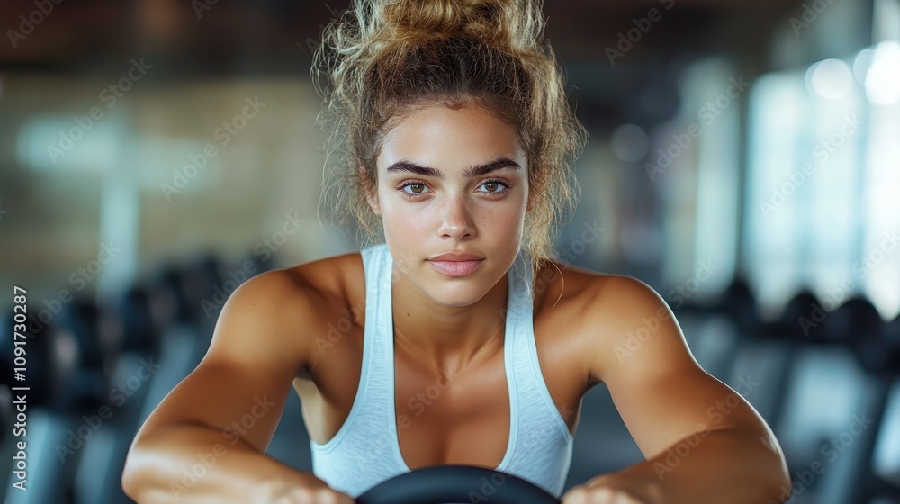 A strong woman with curly hair in a white tank top is depicted focusing intently in a gym, embodying resilience, strength, and athletic dedication. A strong woman with curly hair in a white tank top is depicted focusing intently in a gym, embodying resilience, strength, and athletic dedication.